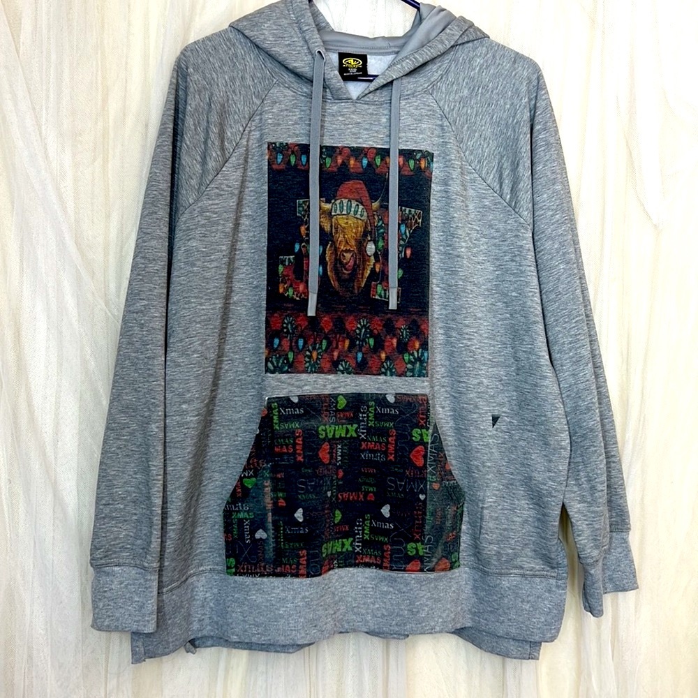 ⭐️ Athletic Works grey fleece Christmas pullover hoodie kangaroo pockets 3XL